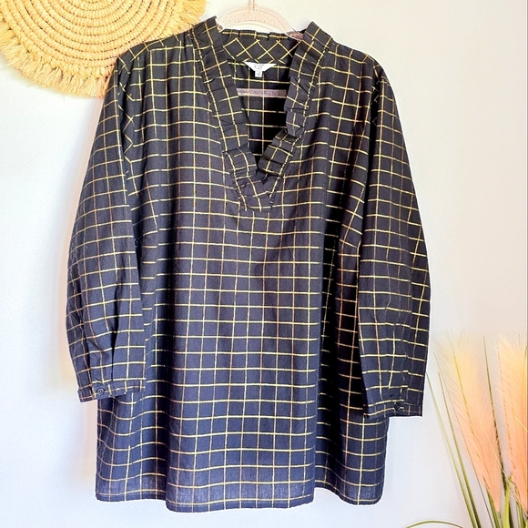 Crown & Ivy, Black & Metallic Gold Plaid Ruffle Neck Popover Shirt, Size 3X - Picture 1 of 9